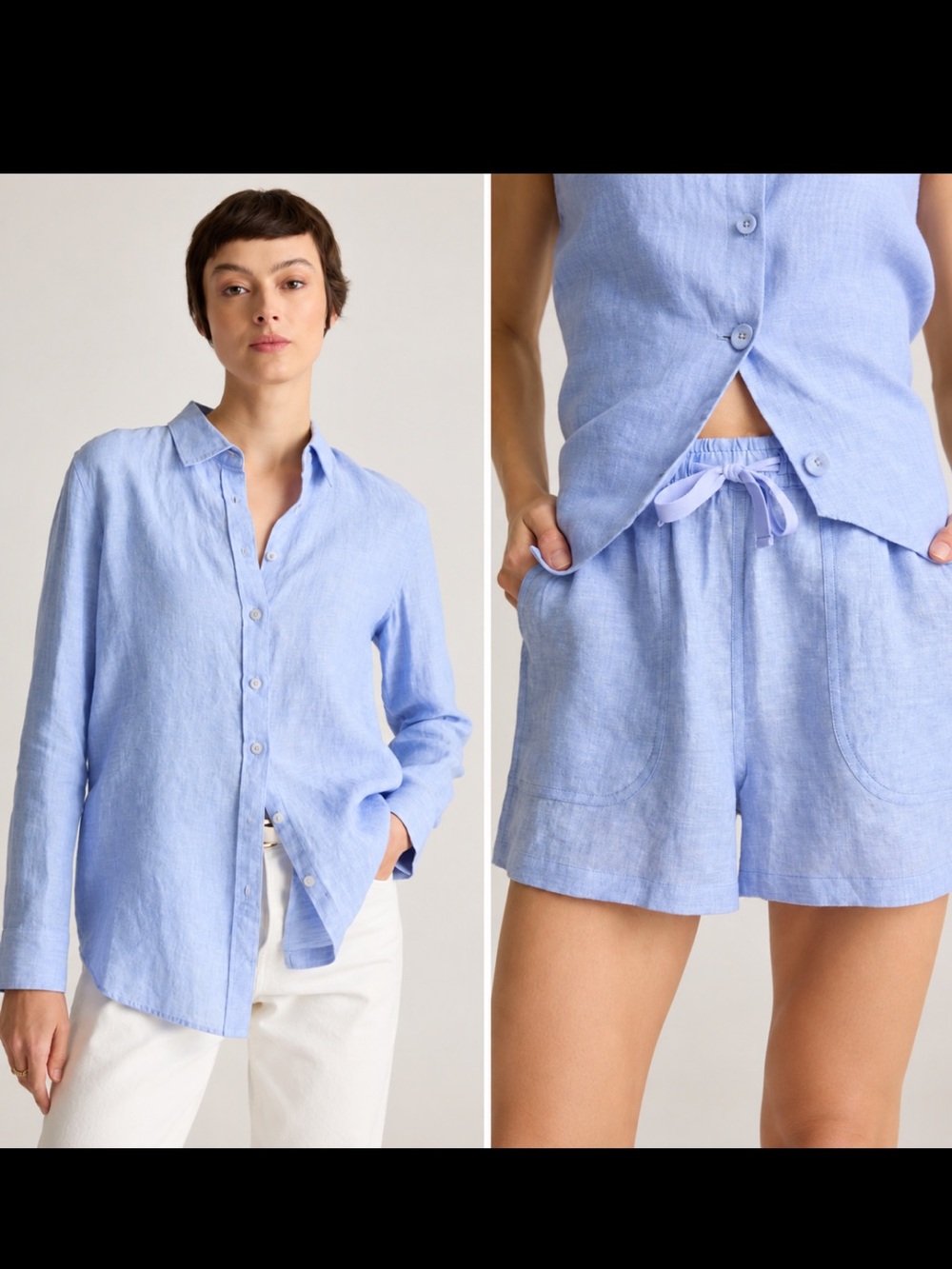 Quince 100% European Linen Shirt & Shorts Set Light Blue Button Down Medium